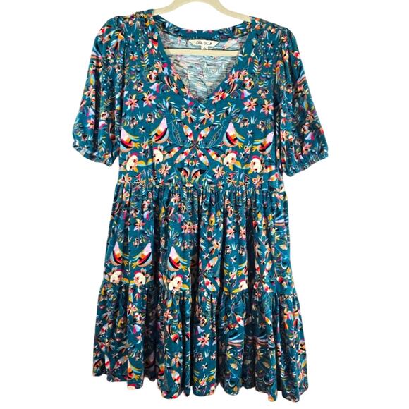 M The Pioneer Woman Blue Green Floral Dress Sz 4  Deep Lake Birds of Paradise - Picture 1 of 10
